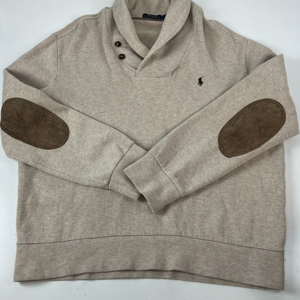 Polo Ralph Lauren Pullover Sweater Shawl Neck  Beige Elbow Patches Men's L